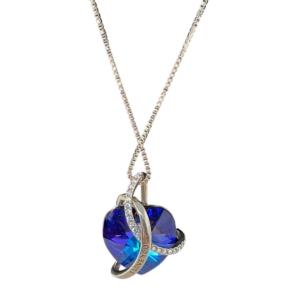 I Love You Engraved Blue Crystal Heart Pendant Necklace 20" Romantic Y2K